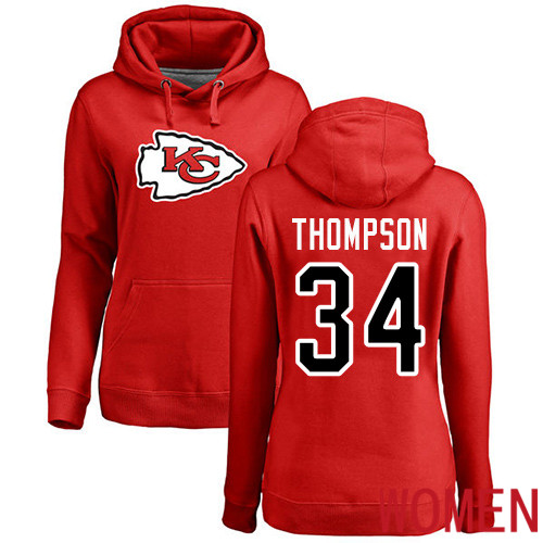 Women Football Kansas City Chiefs #34 Thompson Darwin Red Name and Number Logo Pullover Hoodie